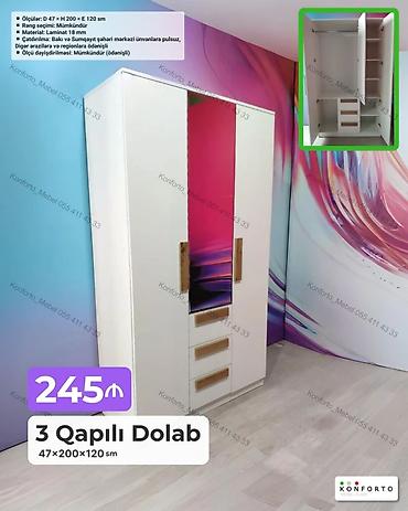 Mebel: 3 qapılı dolab – 47×200×120 sm Xüsusiyyətlər: - Ölçülər: Dərinlik 47 — 1