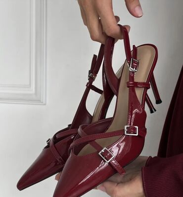 обувь зара: ZARA Лодочки-слингбэки женские, бордовый лак - Материал: глянцевая
