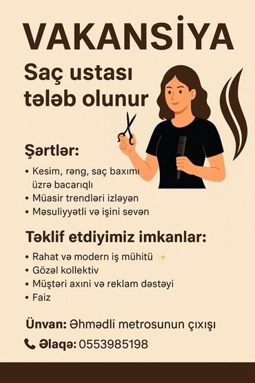 sumqayıt iş elanlari: Saç ustası tələb olunur, Faiz, Alətlərin təqdim olunması