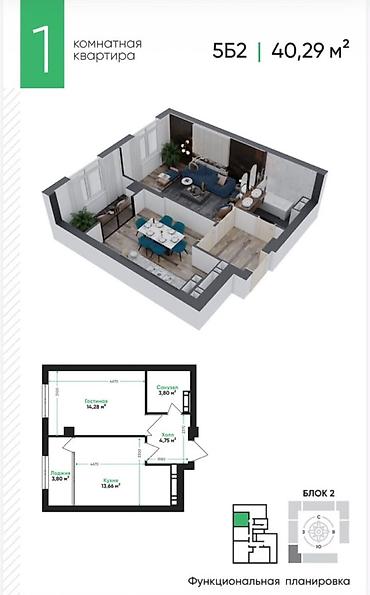 1 комната, 40 м², 7 этаж, ПСО (под самоотделку)