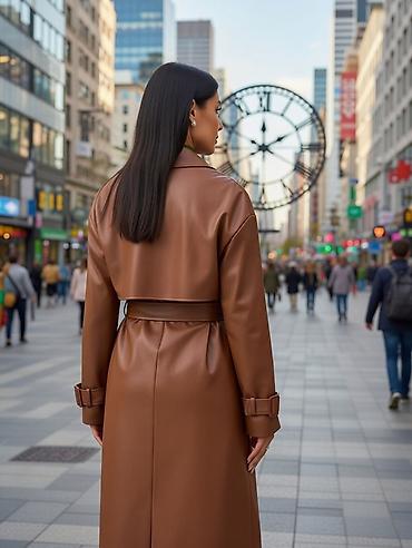 Плащи: Длинный женский тренч из гладкой эко‑кожи в тёплом — 9