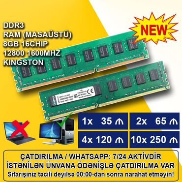 4 gb ddr3: Operativ yaddaş (RAM) Kingston, 8 GB, 1600 Mhz, DDR3, PC üçün, Yeni