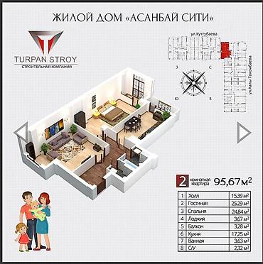 imak: 2 комнаты, 95 м², Асанбай мкр Элитка, 12 этаж, ПСО (под самоотделку) — 1