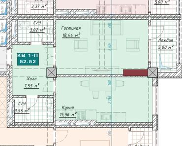 квартира расрочка: 1 комната, 52 м², Элитка, 8 этаж, ПСО (под самоотделку)
