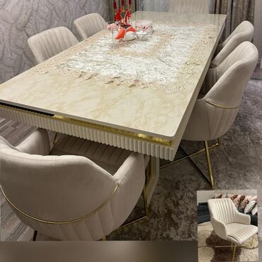 metbex stol stul işlenmiş: Qonaq otağı üçün, İşlənmiş, Kvadrat masa, 6 stul
