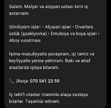 alçıpan işi: Malyar və alçıpan ustası xidməti Gördüyüm işlər: - Alçıpan işləri — 1