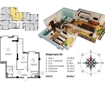 5 комнат квартира: 3 комнаты, 82 м², Элитка, 5 этаж, ПСО (под самоотделку)