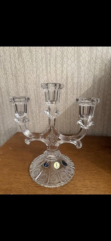 dekor qrup: 3 şamlıq kristal şamdan - Material: qalın, şəffaf kəsimli kristal - — 1