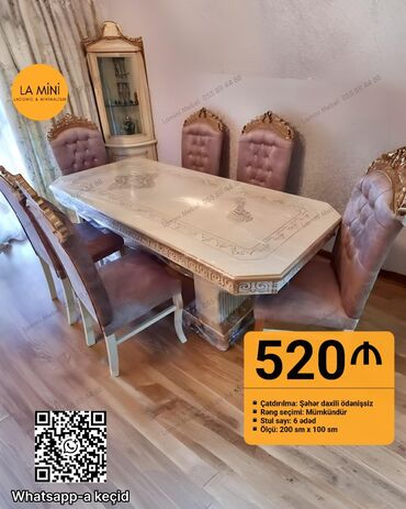 кухонные стулья: Qonaq otağı üçün, Yeni, Açılmayan, Dördbucaq masa, 6 stul