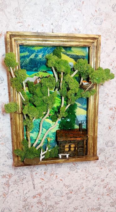 təbii gül şəkilləri: Ağac,təbii mamır,peyzaj elementlərindən istifadə edilmiş panno