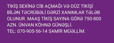 Taksi, logistika, çatdırılma: Dərzi tələb olunur, 3-5 illik təcrübə, 1/2, 10 günlük ödəniş