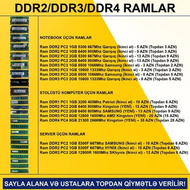 plata ddr3: RAMLAR (DDR2/DDR3/DDR4) SAYLA ALANA VƏ USTALARA TOPDAN QİYMƏTLƏ