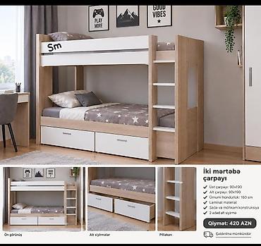 İki mərtəbəli çarpayı - Üst çarpayı ölçüsü: 90x190 sm - Alt çarpayı