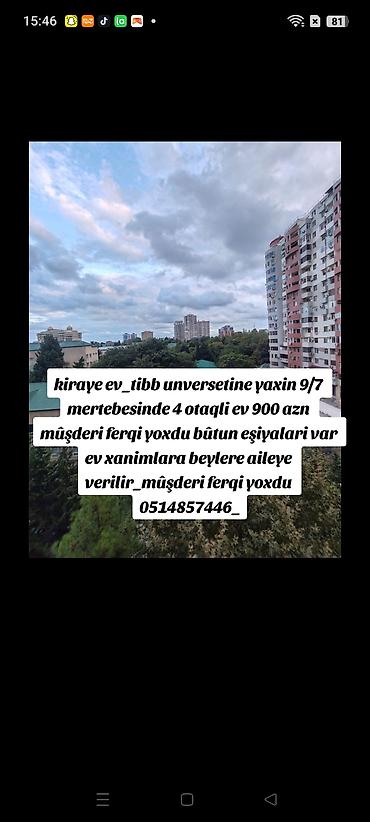 savetskide kiraye evler: Kiraye ev_tibb unversetine yaxin 9/7 mertebesinde 4 otaqli ev 900 azn — 1