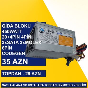 Kompüter və noutbuk aksesuarları: Qida Bloku “450Watt 24pin 4pin 3xsata 3xmolex 6pin Codegen” SAYLA