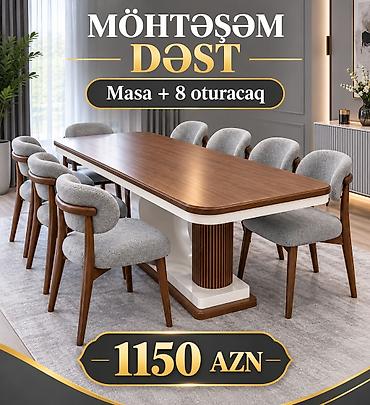 suni agac: Möhtəşəm Yemək Dəsti – Masa + 8 oturacaq - Zərif, oval bucaqlı böyük — 1