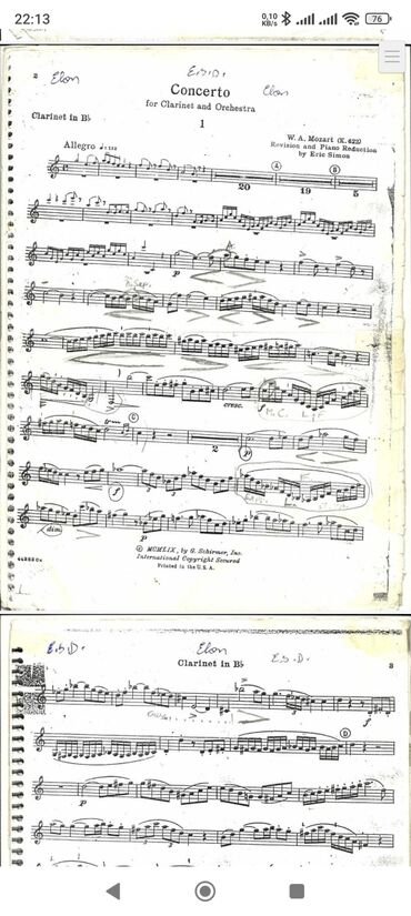 islenmis idman aletleri: Klarnet Mozart Konsert B klarnet Ucun notlar odenislidir isdeyen