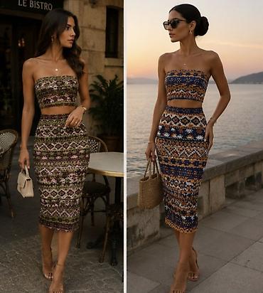 mona popusti: Komplet crop top i uska midi suknja sa etno/boho dezenom. - — 1