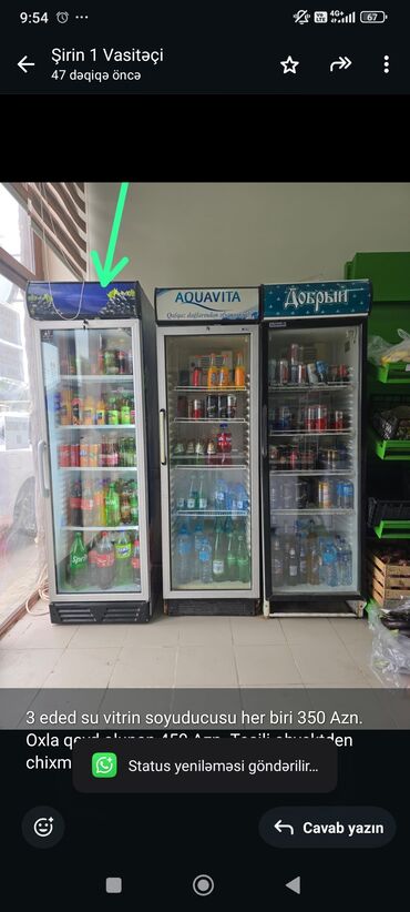 Qonaq otağı dəstləri: 3 eded su vitrin soyuducusu her biri 350 Azn. Oxla qeyd olunan 450