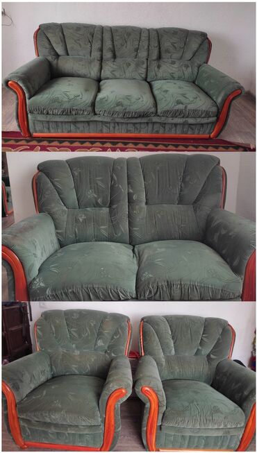 купить кожаный диван с креслами: Цвет - Зеленый, Б/у