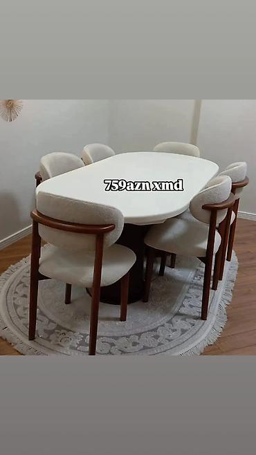 coffee stullari: Modern yemək dəsti – 6 stul + masa - Masa: oval formalı, parlaq ağ — 1