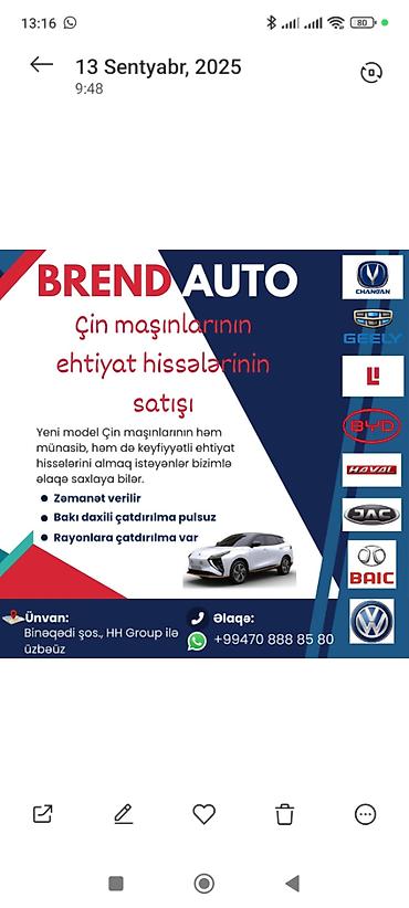 Digər biznes avadanlığı: Changan Haval Gwm Gac Jac Baic Faw Lixiang Vw id Maple Ehtiyat — 1