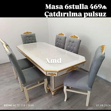 Masa və oturacaq dəstləri: Mebel dəsti – masa və 6 stul - Klassik üslubda, ağ-krem rəngli masa; — 5