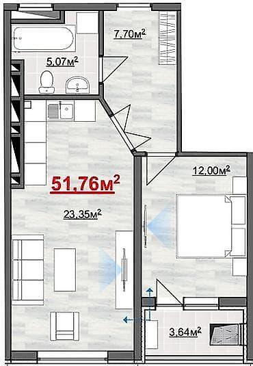 15: 2 комнаты, 51 м², Пишпек Элитка, 7 этаж, ПСО (под самоотделку) — 1