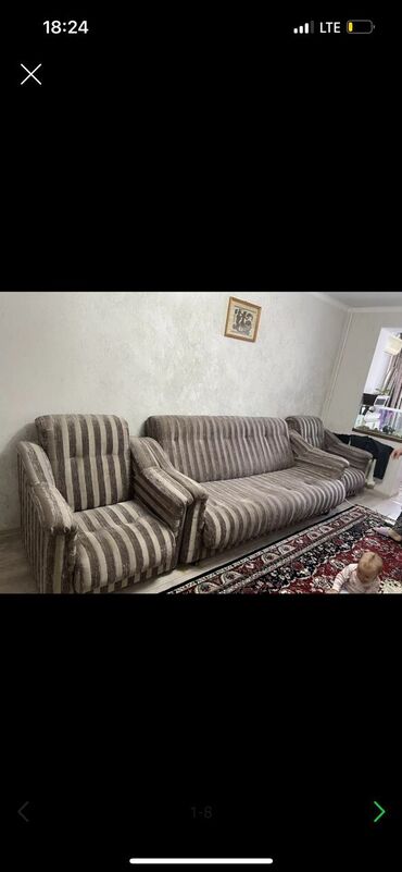 диван с 2 креслами: Прямой диван, цвет - Серый, Б/у