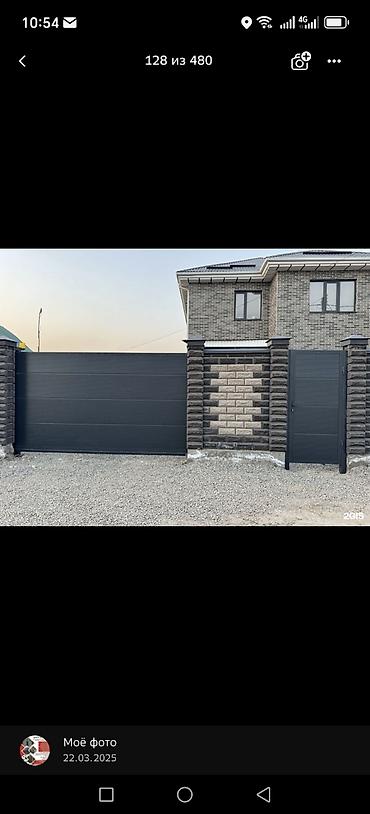 Распашные ворота: Металлические распашные ворота с калиткой (модульные панели) - — 54