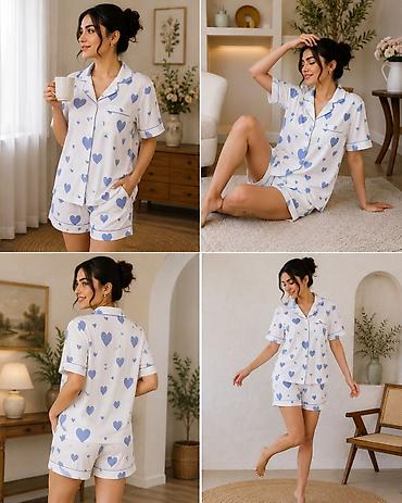 Ev geyimləri, pijamalar: Şortikli, qısaqol pijama dəstləri — 10 AZN • Uzunqol, uzun şalvarlı — 12