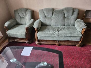реставрация диванов: Гарнитур для зала, Кресло, Диван, цвет - Зеленый, Б/у