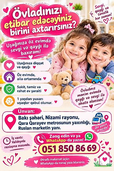Uşağa baxım xidməti - Uşaqlara diqqət və qayğı - Öz evimdə, ailə lalafo.az -da Uşağa baxım xidməti - Uşaqlara diqqət və qayğı - Öz evimdə, ailə