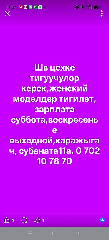 Гладильщики: Швея, Постоянная, Универсал, Район: Кара-Жыгач ж/м, Верхняя одежда, Оплата: Еженедельно, Опыт работы: 1-2 года опыта — 1