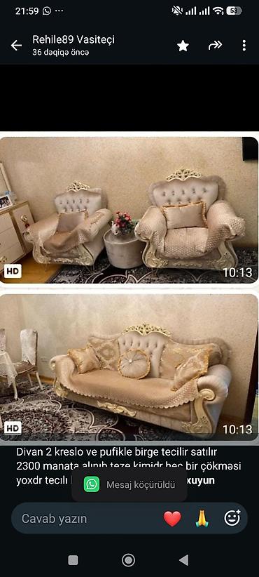 Divan 2 kreslo ve pufikle birge tecilir satılır 2300 manata alınıb