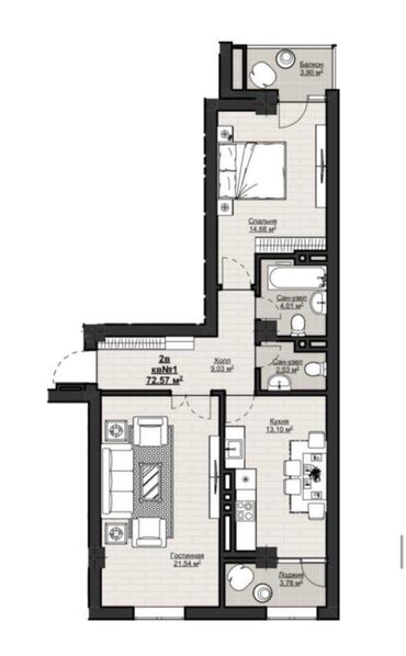 вторичное жилье: 2 комнаты, 73 м², Элитка, 4 этаж, ПСО (под самоотделку)