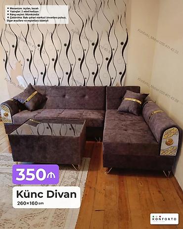 Ev üçün mebel: Künc divan – 260×160 sm - Mexanizm: açılan, bazalı (alt hissədə geniş — 1