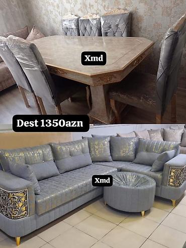 stol stul: Klassik dizaynlı mebel dəsti - Yemək dəsti: mərmər effektli, qızılı — 1