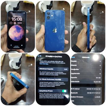 telefon iphone 12: IPhone 12, 64 GB, Mavi, Simsiz şarj, Face ID, Sənədlərlə