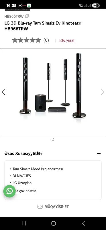 Çaydanlar: LG ev kinoteatrı – 2 ədəd hündür “tower” akustik kolonkalar, subwoofer