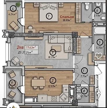 продается квартира асанбай: 2 комнаты, 78 м², Асанбай мкр Элитка, 7 этаж, ПСО (под самоотделку) — 2
