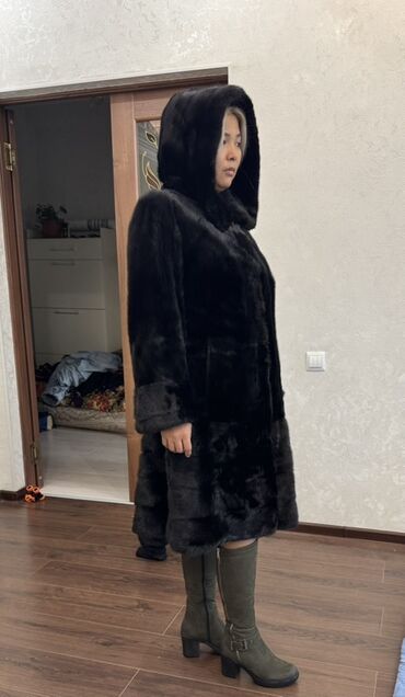 длинная туника для пляжа: Шуба, Норка, По колено, С капюшоном, S