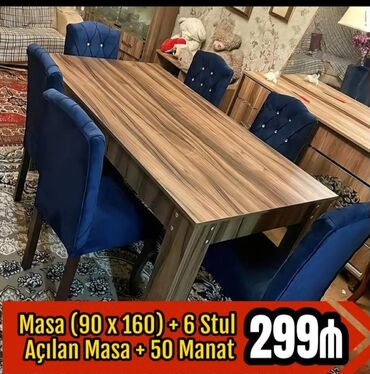 Masa və oturacaq dəstləri: Qonaq otağı üçün, Yeni, Açılmayan, Dördbucaq masa, 6 stul