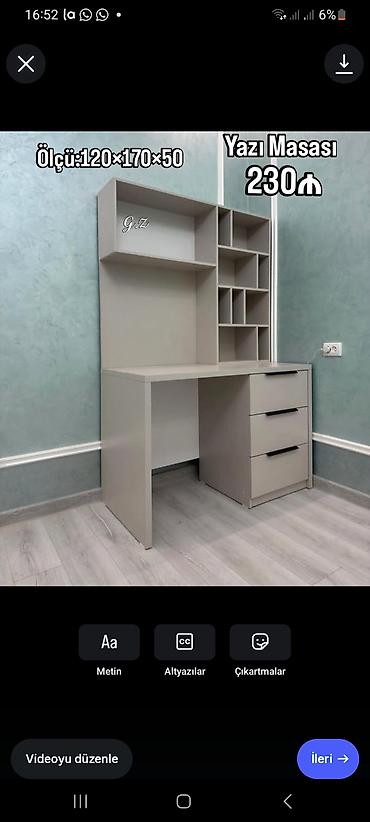 sdullar: Yazı masası – 230₼ Ölçü: 120×170×50 sm Xüsusiyyətlər: - Yığcam və — 1