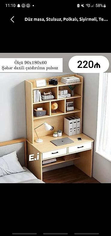 Düz masa – stulsuz, polkalı, siyirməli Ölçü: 90 x 180 x 60 sm