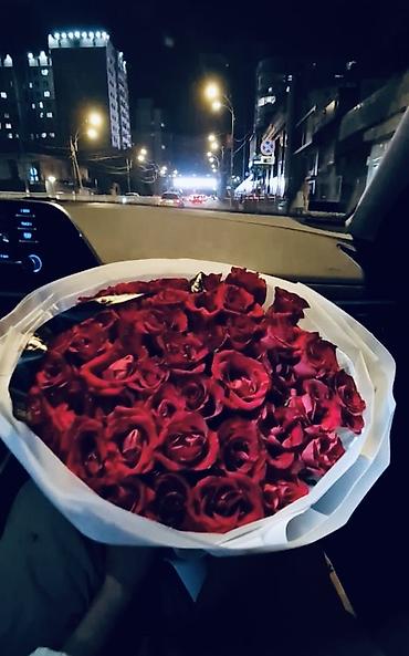 Букет из красных роз — плотная круглая шапка из свежих крупных бутонов