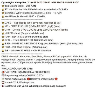 Masaüstü kompüterlər və iş stansiyaları: Oyun üçün Kompüter "Core i5 3470 GT630 1GB 256GB NVME SSD” ⭐Tək Sistem — 2