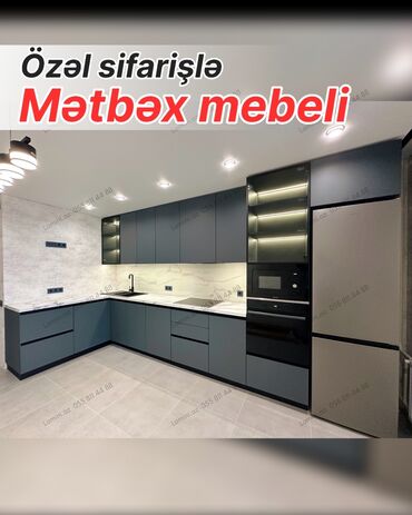 metbex ucun skaf: Özəl sifarişlə hazırlanmış müasir mətbəx mebeli. - L formalı dizayn