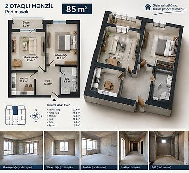 kiraye verilir: 2 otaqlı, Yeni tikili, 85 kv. m — 1