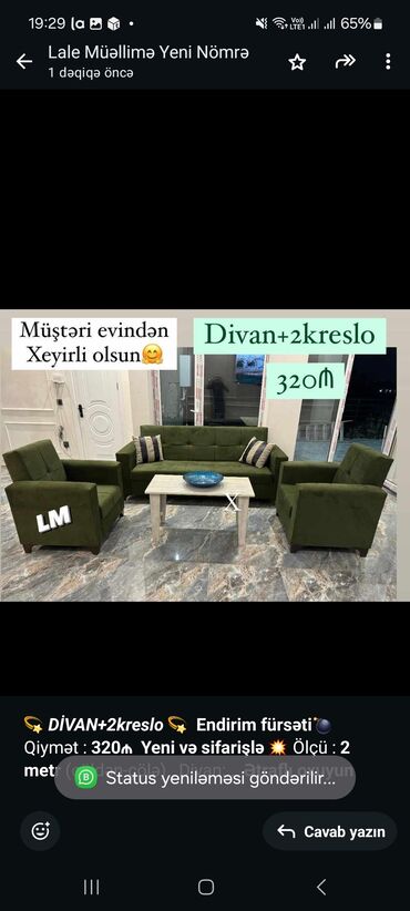 köhnə divan kreslo: 💫 _*DİVAN+2kreslo*_ 💫 *Endirim fürsəti💣* Qiymət : *320₼* *Yeni və